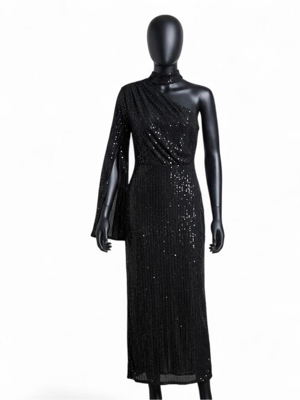 Black One-Shoulder Sequin Evening Dress
